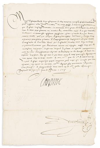 CATHERINE DE' MEDICI. Group of 4 Letters Signed, "Caterine," as Queen Mother, to French Ambassador to Spain Raymond de Rouer de Pavie